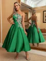 Perfect Ball-Gown One-Shoulder Flower Tea-Length Satin Dress