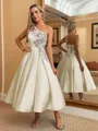 Perfect Ball-Gown One-Shoulder Flower Tea-Length Satin Dress