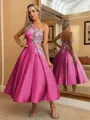 Perfect Ball-Gown One-Shoulder Flower Tea-Length Satin Dress