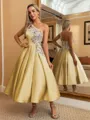 Perfect Ball-Gown One-Shoulder Flower Tea-Length Satin Dress