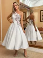Perfect Ball-Gown One-Shoulder Flower Tea-Length Satin Dress