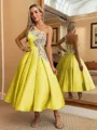Perfect Ball-Gown One-Shoulder Flower Tea-Length Satin Dress