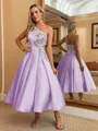 Perfect Ball-Gown One-Shoulder Flower Tea-Length Satin Dress