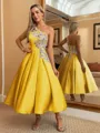Perfect Ball-Gown One-Shoulder Flower Tea-Length Satin Dress