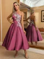 Perfect Ball-Gown One-Shoulder Flower Tea-Length Satin Dress