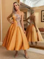 Perfect Ball-Gown One-Shoulder Flower Tea-Length Satin Dress