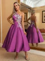 Perfect Ball-Gown One-Shoulder Flower Tea-Length Satin Dress