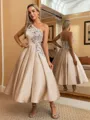 Perfect Ball-Gown One-Shoulder Flower Tea-Length Satin Dress