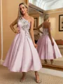 Perfect Ball-Gown One-Shoulder Flower Tea-Length Satin Dress