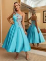 Perfect Ball-Gown One-Shoulder Flower Tea-Length Satin Dress