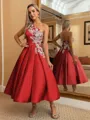 Perfect Ball-Gown One-Shoulder Flower Tea-Length Satin Dress
