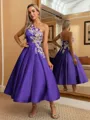 Perfect Ball-Gown One-Shoulder Flower Tea-Length Satin Dress