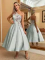 Perfect Ball-Gown One-Shoulder Flower Tea-Length Satin Dress