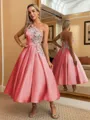 Perfect Ball-Gown One-Shoulder Flower Tea-Length Satin Dress