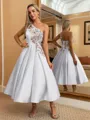 Perfect Ball-Gown One-Shoulder Flower Tea-Length Satin Dress