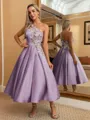 Perfect Ball-Gown One-Shoulder Flower Tea-Length Satin Dress