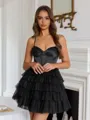 Elegant A-line Spaghetti Straps Cascading Ruffles Short/Mini Tulle Corset Dress