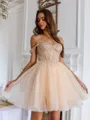 Striking A-line Off-the-Shoulder Sequin Short/Mini Organza Corset Dress