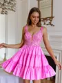 Extravagant A-line V-Neck Appliques Lace Short/Mini Taffeta Corset Dress