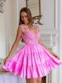 Extravagant A-line V-Neck Appliques Lace Short/Mini Taffeta Corset Dress