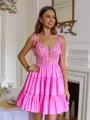 Extravagant A-line V-Neck Appliques Lace Short/Mini Taffeta Corset Dress
