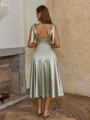 Trendy A-line V-Neck Bow Tea-Length Silk Like Satin Dress