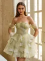 Glamorous Ball-Gown Off-the-Shoulder Short Sleeves Beading Short/Mini Tulle Corset Dress