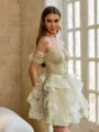 Glamorous Ball-Gown Off-the-Shoulder Short Sleeves Beading Short/Mini Tulle Corset Dress