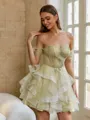 Glamorous Ball-Gown Off-the-Shoulder Short Sleeves Beading Short/Mini Tulle Corset Dress