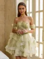 Glamorous Ball-Gown Off-the-Shoulder Short Sleeves Beading Short/Mini Tulle Corset Dress