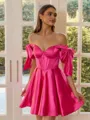 Captivating A-line Off-the-Shoulder Bow Short/Mini Silk Like Satin Corset Dress