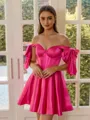 Captivating A-line Off-the-Shoulder Bow Short/Mini Silk Like Satin Corset Dress