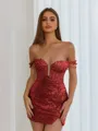 Aristocratic Sheath Off-the-Shoulder Appliques Lace Short/Mini Sequins Corset Dress