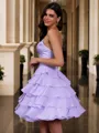 Unique A-line Sweetheart Cascading Ruffles Short/Mini Chiffon Corset Dress