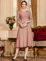 Impeccable A-Line Chiffon Lace Scoop 1/2 Sleeves Tea-Length Mother of the Bride Dress