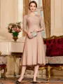 Impeccable A-Line Chiffon Lace Scoop 1/2 Sleeves Tea-Length Mother of the Bride Dress
