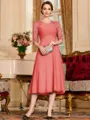 Impeccable A-Line Chiffon Lace Scoop 1/2 Sleeves Tea-Length Mother of the Bride Dress