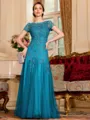 Classy A-Line Tulle Lace Scoop Short Sleeves Floor-Length Mother of the Bride Dress