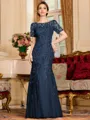 Gracious A-Line Tulle Ruched Bateau Short Sleeves Floor-Length Mother of the Bride Dress