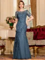 Gracious A-Line Tulle Ruched Bateau Short Sleeves Floor-Length Mother of the Bride Dress