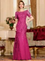Gracious A-Line Tulle Ruched Bateau Short Sleeves Floor-Length Mother of the Bride Dress
