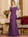 Gracious A-Line Tulle Ruched Bateau Short Sleeves Floor-Length Mother of the Bride Dress