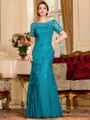 Gracious A-Line Tulle Ruched Bateau Short Sleeves Floor-Length Mother of the Bride Dress