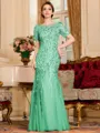 Gracious A-Line Tulle Ruched Bateau Short Sleeves Floor-Length Mother of the Bride Dress