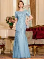 Gracious A-Line Tulle Ruched Bateau Short Sleeves Floor-Length Mother of the Bride Dress