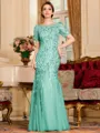 Gracious A-Line Tulle Ruched Bateau Short Sleeves Floor-Length Mother of the Bride Dress
