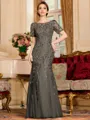 Gracious A-Line Tulle Ruched Bateau Short Sleeves Floor-Length Mother of the Bride Dress