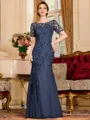 Gracious A-Line Tulle Ruched Bateau Short Sleeves Floor-Length Mother of the Bride Dress
