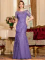 Gracious A-Line Tulle Ruched Bateau Short Sleeves Floor-Length Mother of the Bride Dress