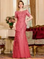 Gracious A-Line Tulle Ruched Bateau Short Sleeves Floor-Length Mother of the Bride Dress